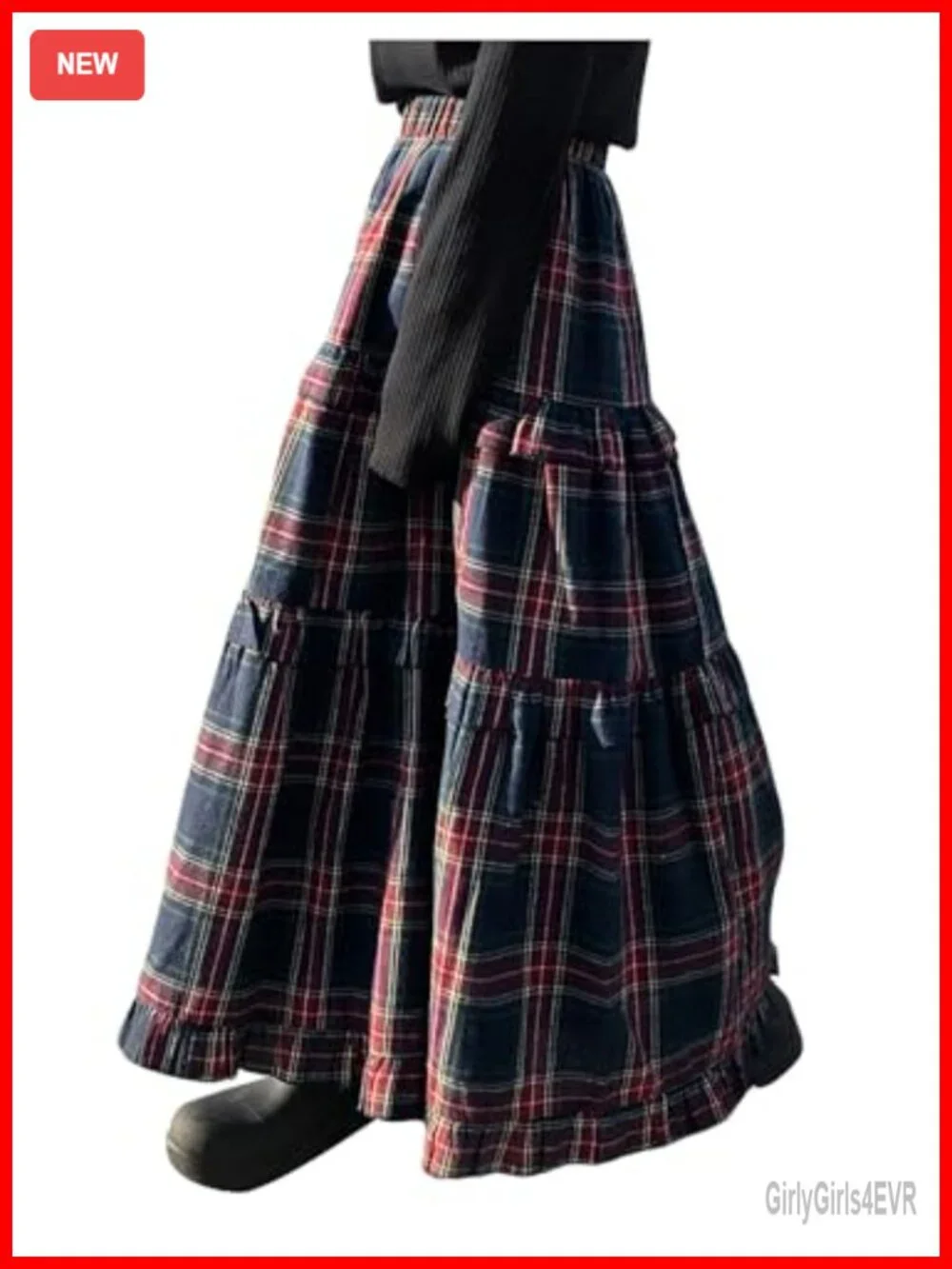 Women's Plaid Maxi Skirt Tiered Ruffle A-Line Flowy Long Elastic High Waist